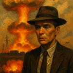 Portrait of a Cillian Murphy–like figure as Oppenheimer, standing in front of an atomic explosion, symbolizing moral dissonance and ethical conflict.