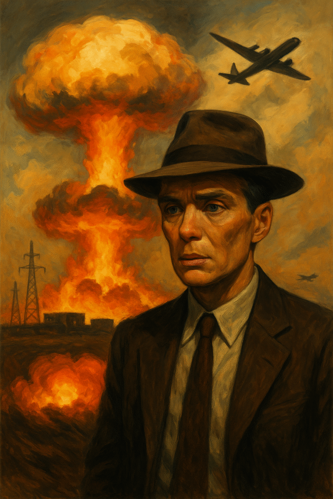 Portrait of a Cillian Murphy–like figure as Oppenheimer, standing in front of an atomic explosion, symbolizing moral dissonance and ethical conflict.