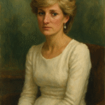 Portrait of Princess Diana in a white dress and diamond tiara, looking down with a solemn expression, symbolizing identity loss and emotional vulnerability.