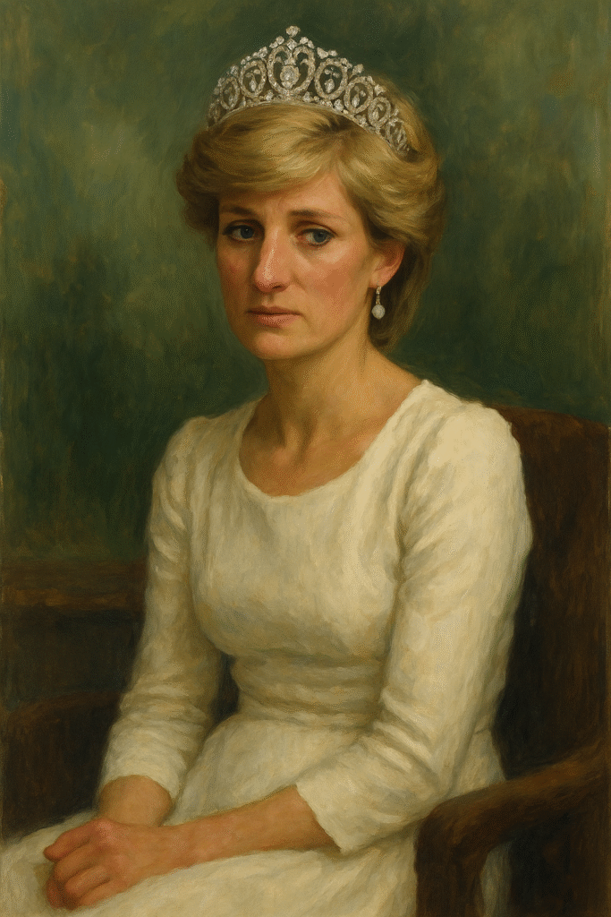 Portrait of Princess Diana in a white dress and diamond tiara, looking down with a solemn expression, symbolizing identity loss and emotional vulnerability.