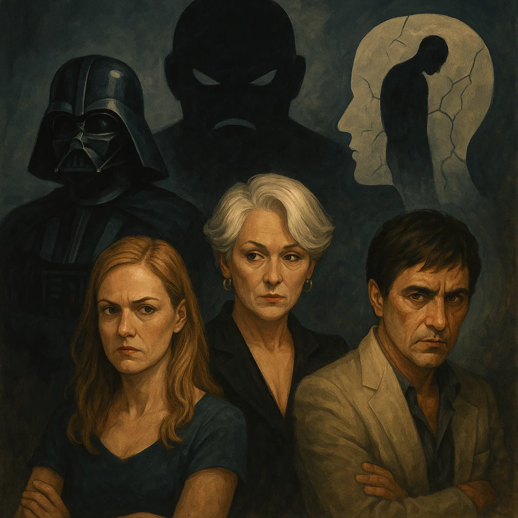 Illustrated portraits of iconic film villains symbolizing psychological defense mechanisms like projection and denial