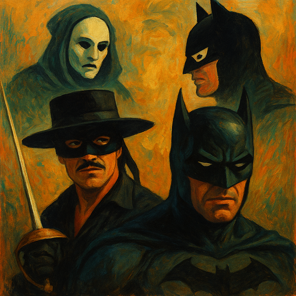 Traditional painting of Zorro and Batman side by side, representing the psychology of masks and dual identity in superhero narratives.