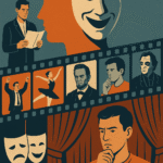 Conceptual illustration showing a man with a theatrical mask, filmstrip of iconic roles, and stage elements representing the psychology of persona and performance.