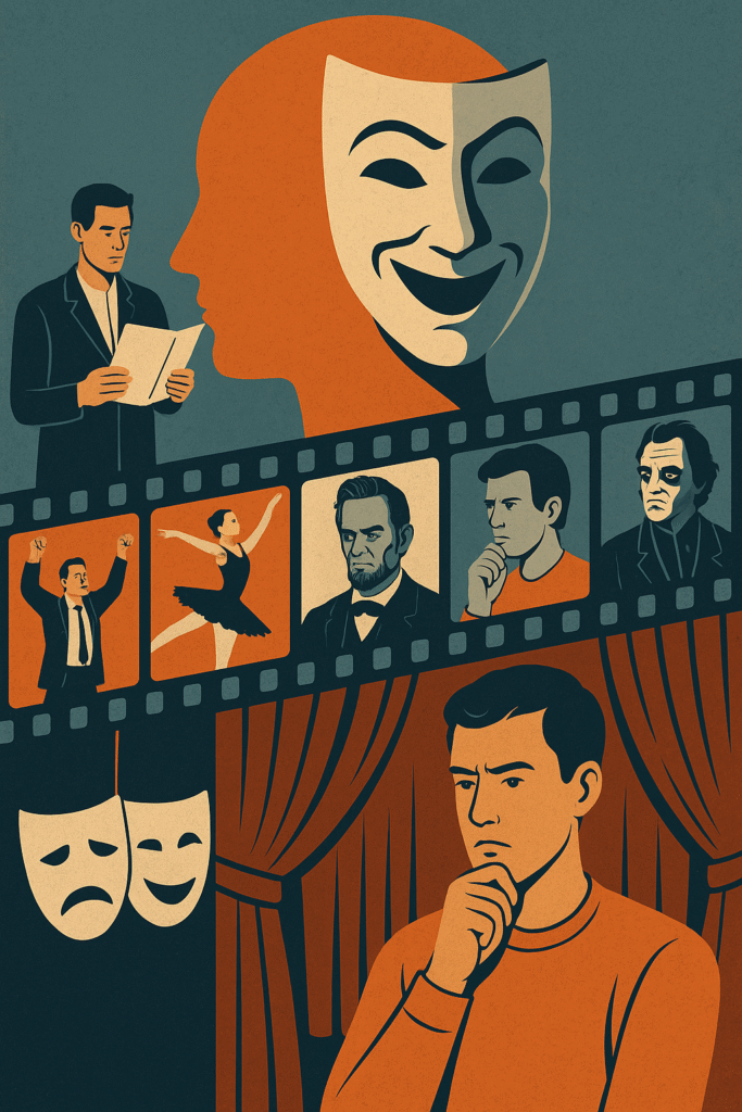 Conceptual illustration showing a man with a theatrical mask, filmstrip of iconic roles, and stage elements representing the psychology of persona and performance.