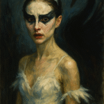 Painting of Nina Sayers from Black Swan in white ballet costume with dramatic makeup, symbolizing her descent into psychosis.