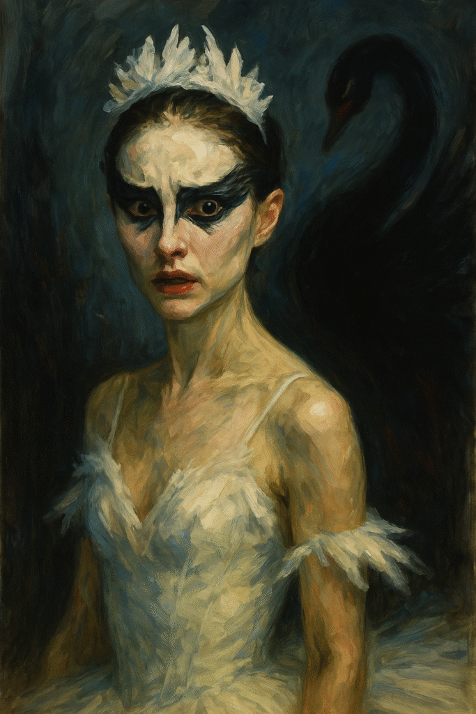 Painting of Nina Sayers from Black Swan in white ballet costume with dramatic makeup, symbolizing her descent into psychosis.