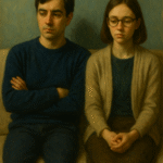A realistic painting of two quiet individuals sitting apart on a couch, conveying emotional distance and introspection—symbolizing introverted and avoidant personalities in TV character analysis.