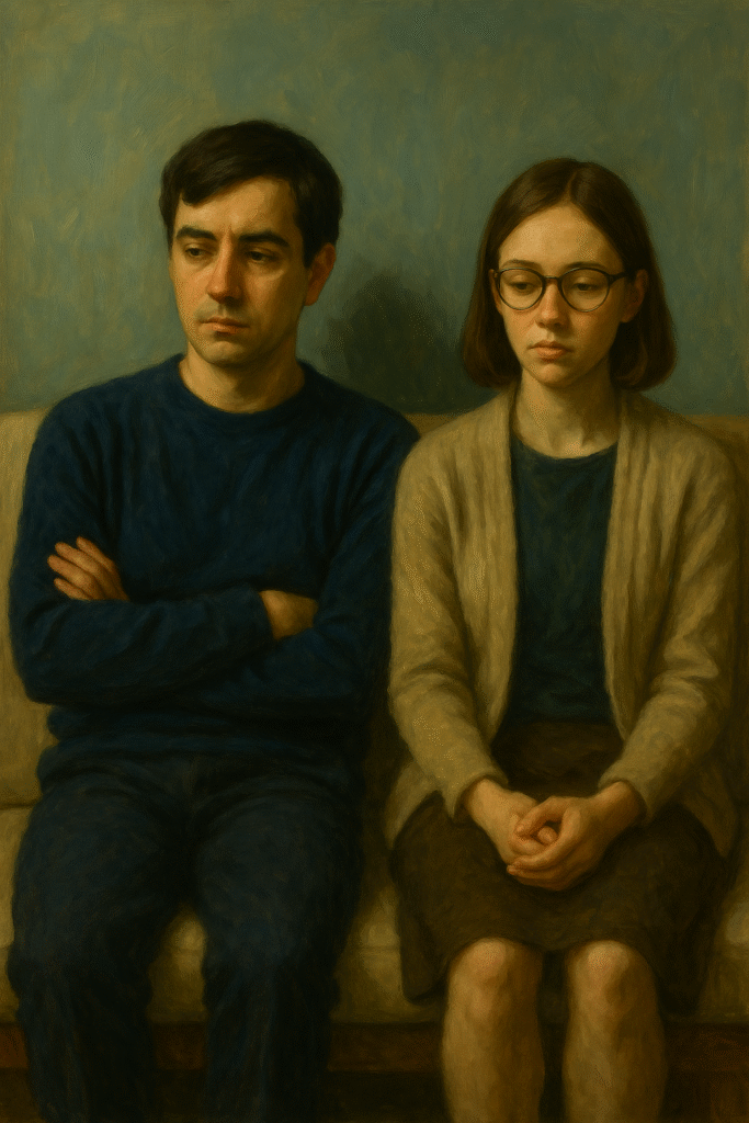 A realistic painting of two quiet individuals sitting apart on a couch, conveying emotional distance and introspection—symbolizing introverted and avoidant personalities in TV character analysis.