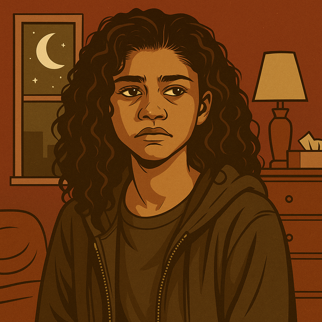 Stylized digital illustration of Rue from Euphoria sitting in a dimly lit bedroom at night, wearing a dark hoodie, with a sad and distant expression.