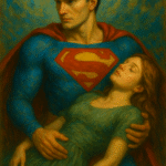 Screen hero with savior complex painted in classical oil style, symbolizing sacrifice and internal conflict.