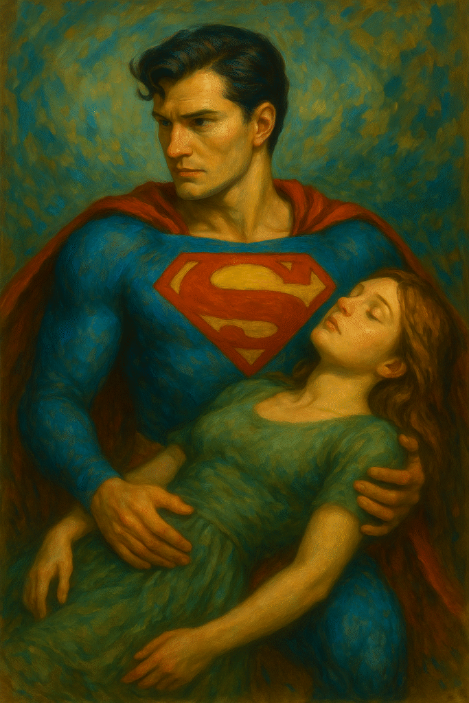 Screen hero with savior complex painted in classical oil style, symbolizing sacrifice and internal conflict.