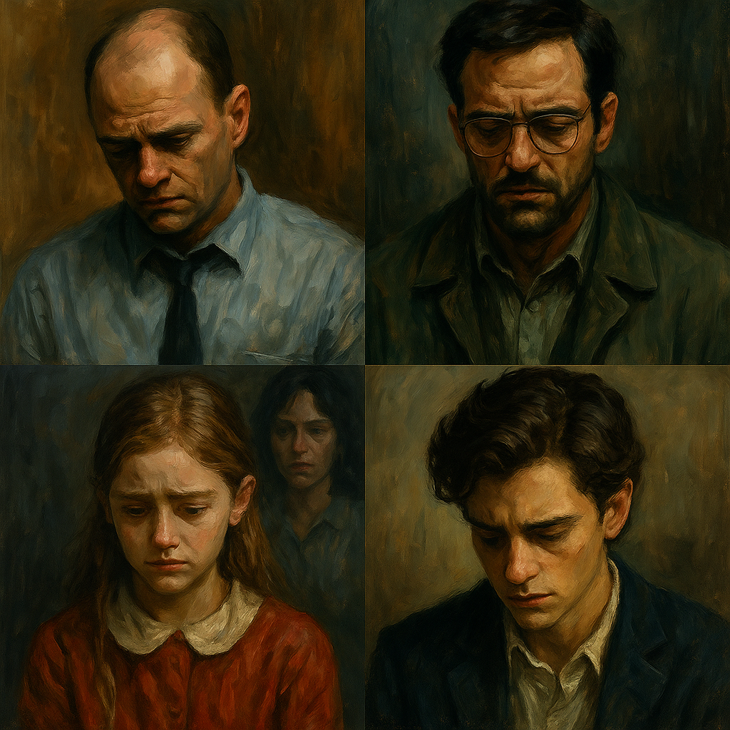 Artistic oil painting portraits of characters from Breaking Bad, The Shawshank Redemption, The Handmaid’s Tale, and Dead Poets Society exploring the emotional contrast between shame and guilt.