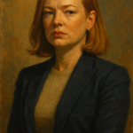 Portrait of Shiv Roy from Succession in oil painting style, depicting emotional detachment and power dynamics in leadership