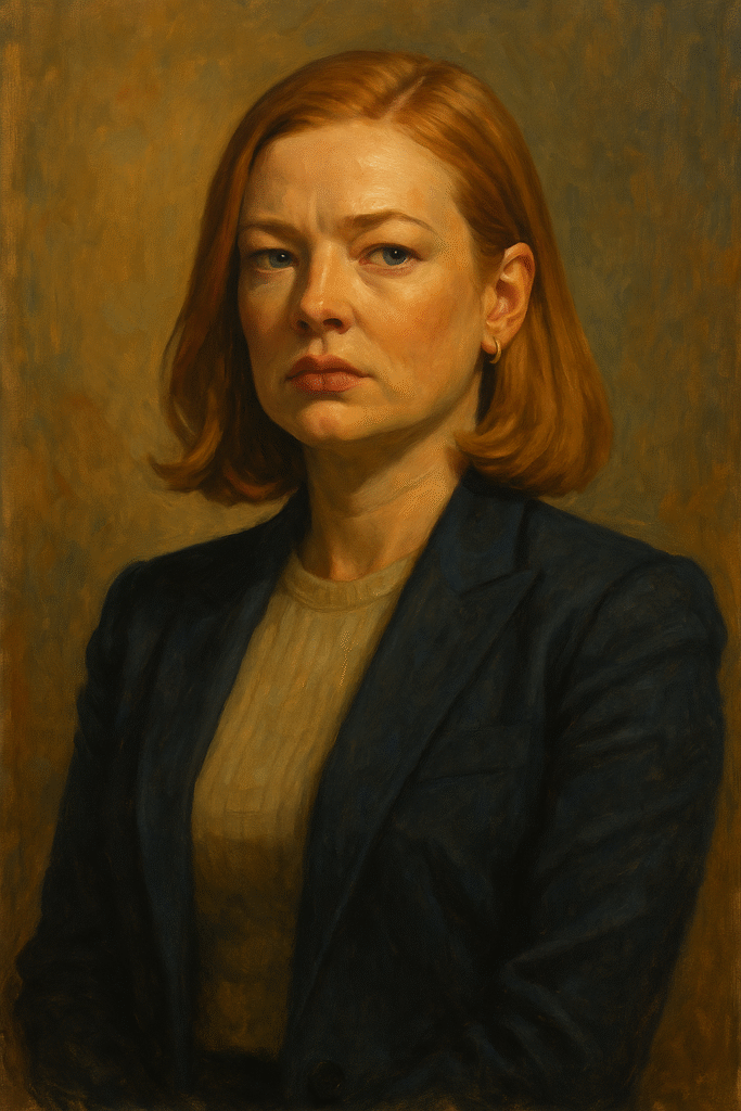 Portrait of Shiv Roy from Succession in oil painting style, depicting emotional detachment and power dynamics in leadership