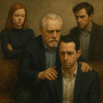 Realistic oil painting of a tense family group reflecting emotional manipulation and power dynamics from the Succession TV series.