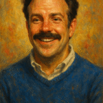 Oil painting of Ted Lasso in a thoughtful pose, symbolizing kindness and emotional resilience