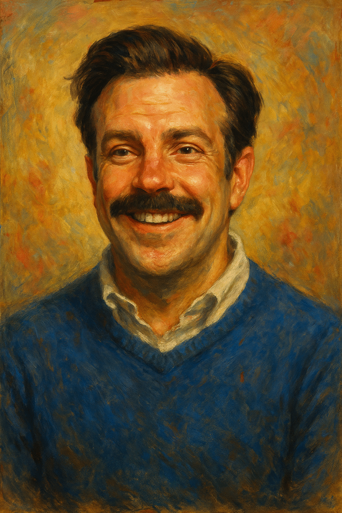 Oil painting of Ted Lasso in a thoughtful pose, symbolizing kindness and emotional resilience