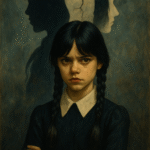 Illustration of a teenage girl resembling Wednesday Addams in a surreal, expressive style, symbolizing the teenage shadow self and identity struggle