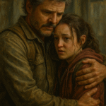 Realistic oil painting of Joel and Ellie from The Last of Us, capturing their deep emotional bond and the theme of survival attachment