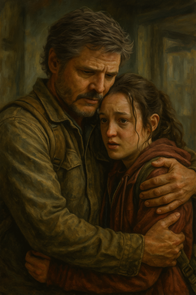 Realistic oil painting of Joel and Ellie from The Last of Us, capturing their deep emotional bond and the theme of survival attachment
