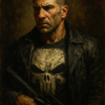 Oil painting of The Punisher with a dramatic, realistic style and dark tones, symbolizing moral ambiguity and vigilante justice.