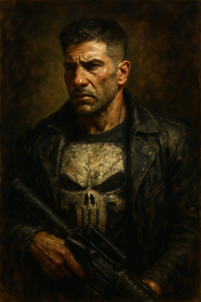 Oil painting of The Punisher with a dramatic, realistic style and dark tones, symbolizing moral ambiguity and vigilante justice.