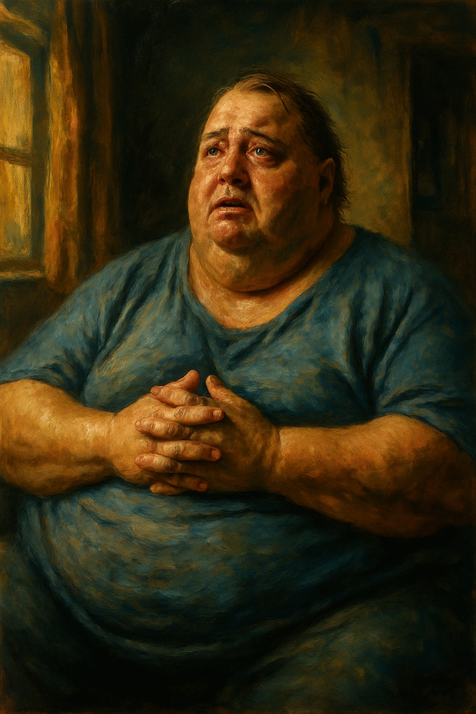 Oil painting of a large man in a blue shirt lit by window light, sitting with clasped hands and tearful eyes—representing shame, self-sabotage, and the longing to be seen.