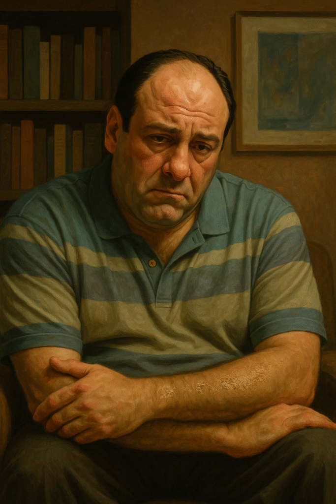 Illustration of Tony Soprano in a conflicted emotional state, symbolizing the internal guilt and psychological tension of a sociopath.