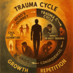 Circular infographic illustrating the trauma cycle versus the Hero's Journey in modern film character development