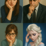 A digital painting featuring four emotionally complex TV and film characters—each representing internal conflict and self-sabotage due to their inner critic.