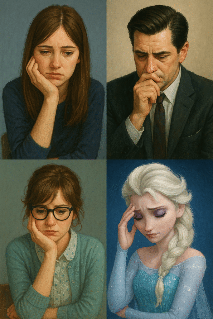 A digital painting featuring four emotionally complex TV and film characters—each representing internal conflict and self-sabotage due to their inner critic.