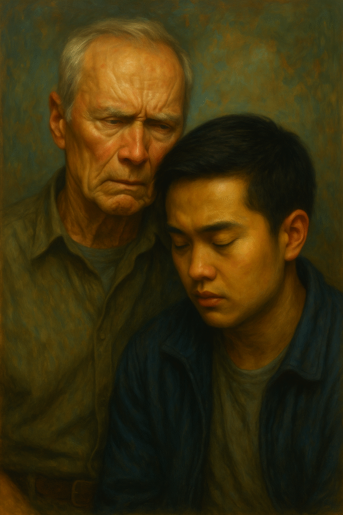Oil painting of Walt Kowalski from Gran Torino showing emotional transformation from prejudice to compassion