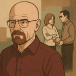 Illustration of Walter White from Breaking Bad with a distant expression, symbolizing narcissism and fractured family dynamics.