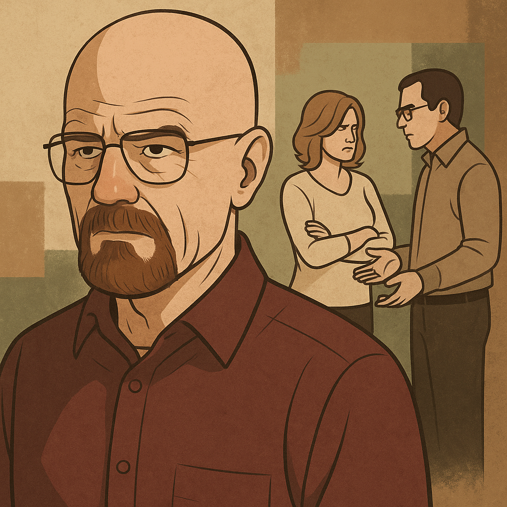 Illustration of Walter White from Breaking Bad with a distant expression, symbolizing narcissism and fractured family dynamics.