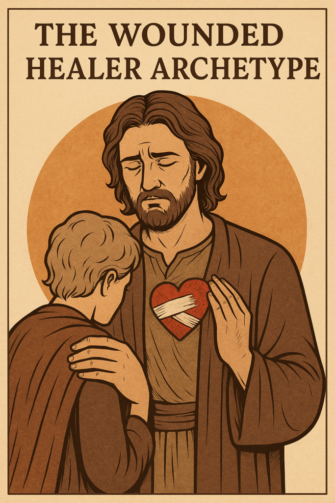 Illustration of the Wounded Healer Archetype: a sorrowful man in a robe with a bandaged heart offering comfort to another person, symbolizing healing through emotional pain.
