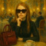 Impressionistic oil painting of a woman with honey-blonde hair wearing dark sunglasses, sitting at a lavish café table with a cup of coffee and a red handbag, against a golden-lit opulent background.