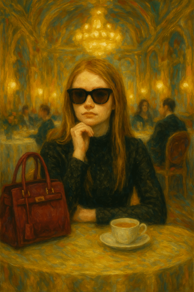 Impressionistic oil painting of a woman with honey-blonde hair wearing dark sunglasses, sitting at a lavish café table with a cup of coffee and a red handbag, against a golden-lit opulent background.
