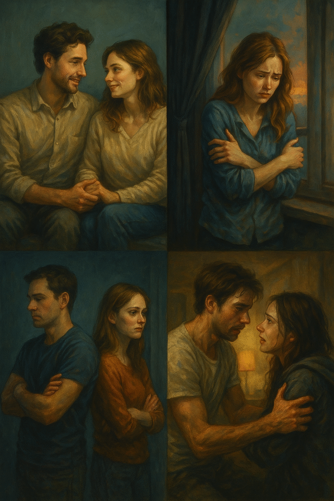Cinematic illustration of four attachment styles symbolized through emotional scenes inspired by film and TV