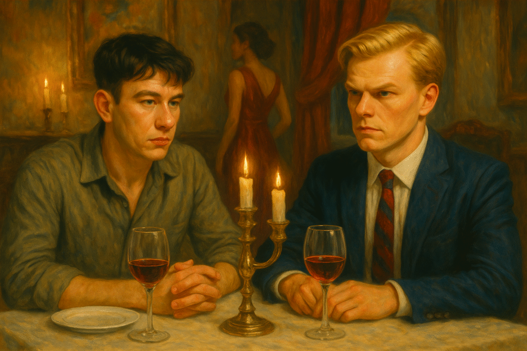 Realistic oil painting of Barry Keoghan-inspired Oliver Quick in Saltburn, seated at an elegant candlelit table, evoking themes of class and obsession.