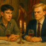 Realistic oil painting of Barry Keoghan-inspired Oliver Quick in Saltburn, seated at an elegant candlelit table, evoking themes of class and obsession.