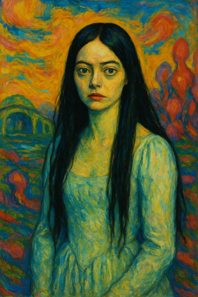 Oil painting of Bella Baxter with long black hair, inspired by Poor Things, in a surreal colorful Victorian setting.