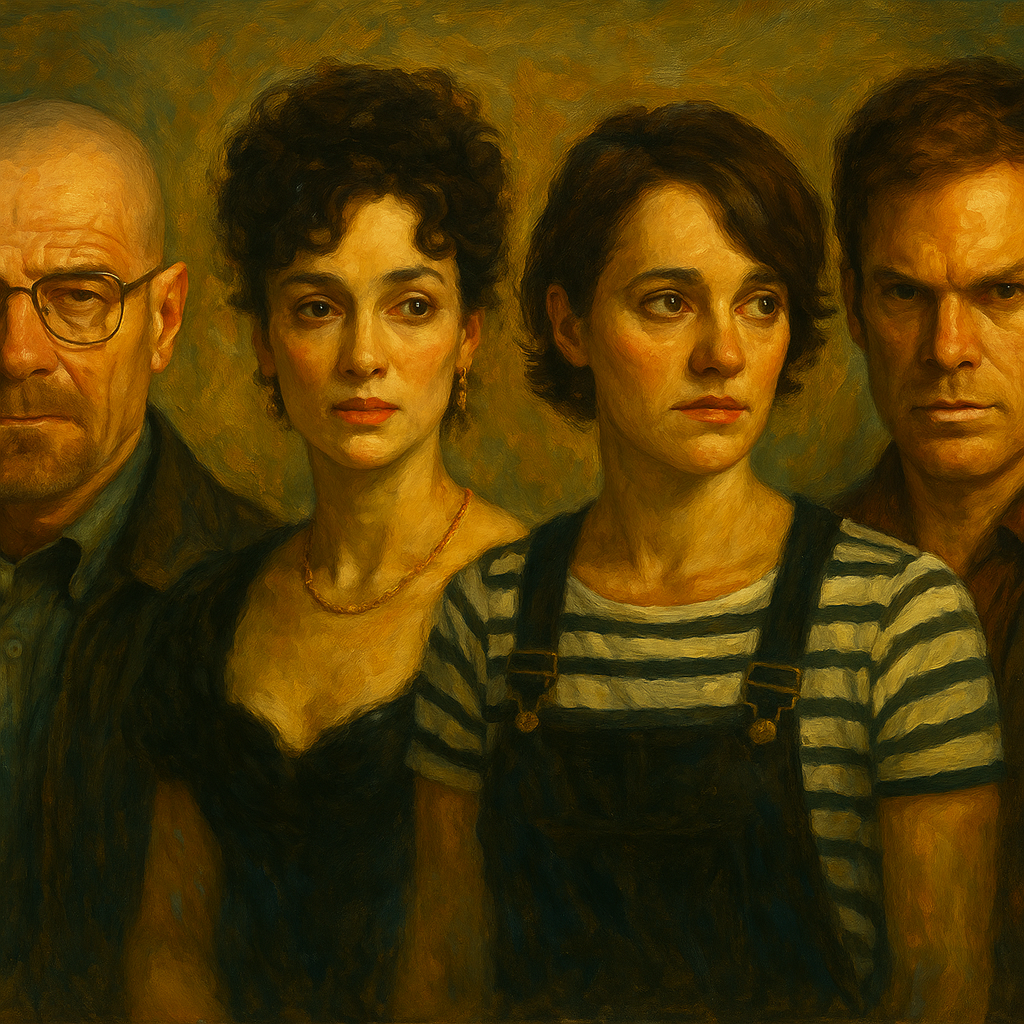 Oil painting depicting symbolic representations of famous characters like Walter White, Anna Karenina, Tony Stark, Fleabag, Don Draper, and Dexter Morgan, illustrating cognitive dissonance and internal conflict.