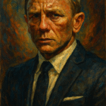 Oil painting style portrait of Daniel Craig as James Bond, showing intense gaze and emotional depth.