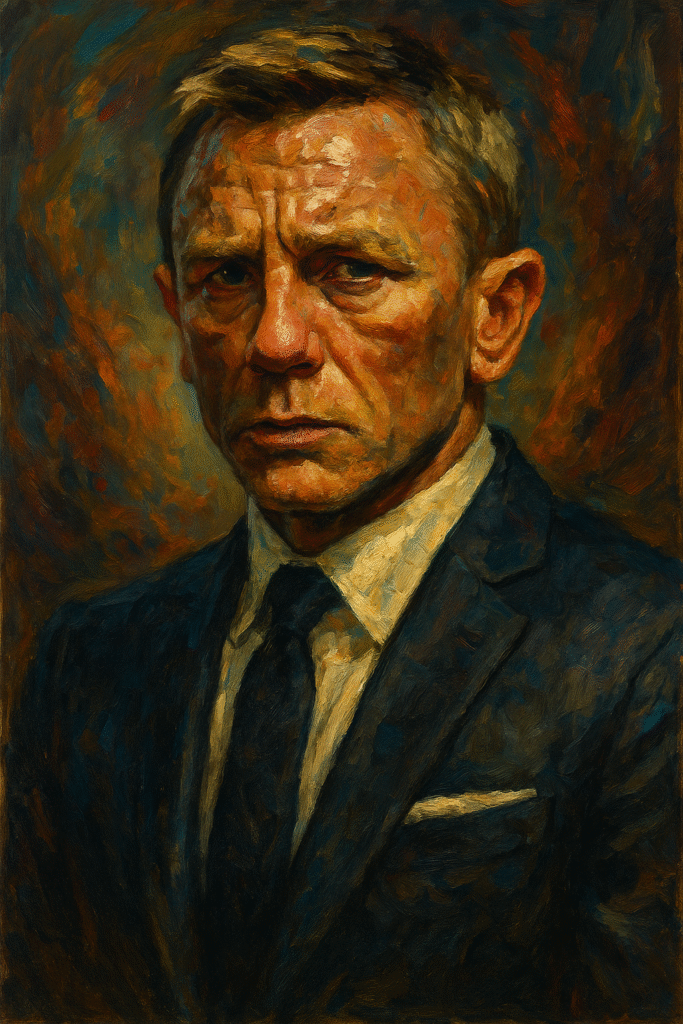 Oil painting style portrait of Daniel Craig as James Bond, showing intense gaze and emotional depth.