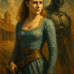 Dolores Abernathy in Westworld, painted in a semi-realistic oil painting style, symbolizing free will versus the illusion of choice.