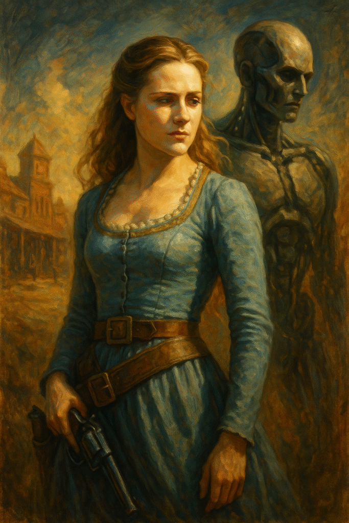 Dolores Abernathy in Westworld, painted in a semi-realistic oil painting style, symbolizing free will versus the illusion of choice.