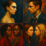 Oil painting of doppelgänger characters from TV and film symbolizing duality, identity conflict, and psychological fear.