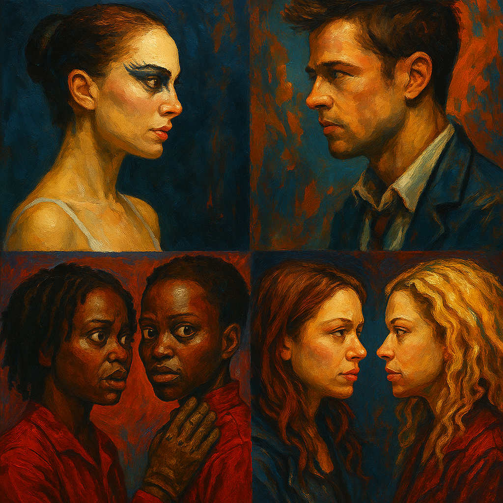 Oil painting of doppelgänger characters from TV and film symbolizing duality, identity conflict, and psychological fear.