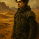 Oil painting of Paul Atreides on the desert planet Arrakis, inspired by Dune with sand dunes and epic sci-fi atmosphere