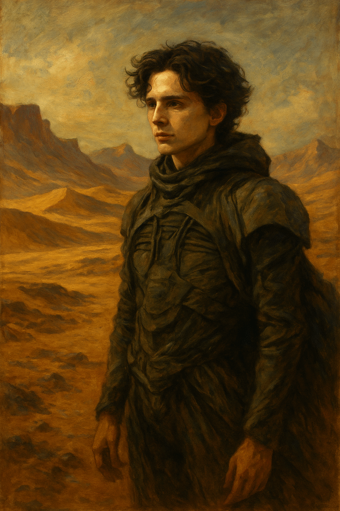 Oil painting of Paul Atreides on the desert planet Arrakis, inspired by Dune with sand dunes and epic sci-fi atmosphere